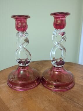 Crystal And Ruby Stain Open Twist Candlesticks Tiffin US Glass Co #80